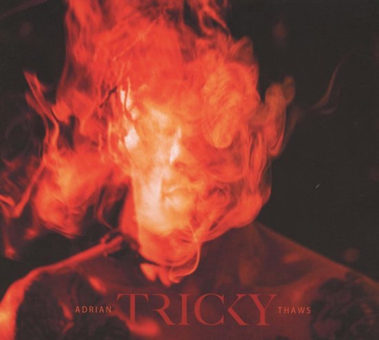 Albumhoes van 'Adrian Thaws' met een hoofd bedekt met oranje vlammen en rook. Tekst 'Adrian Tricky Thaws' onderaan.