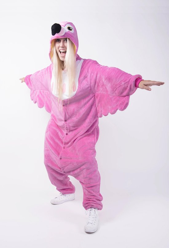 KIMU Onesie Flamingo Pak - Maat 128-134 - Flamingopak Kostuum Roze Vogel - Vogelpak Kinderen Jumpsuit Pyjama Zacht Huispak Meisje Jongen Festival