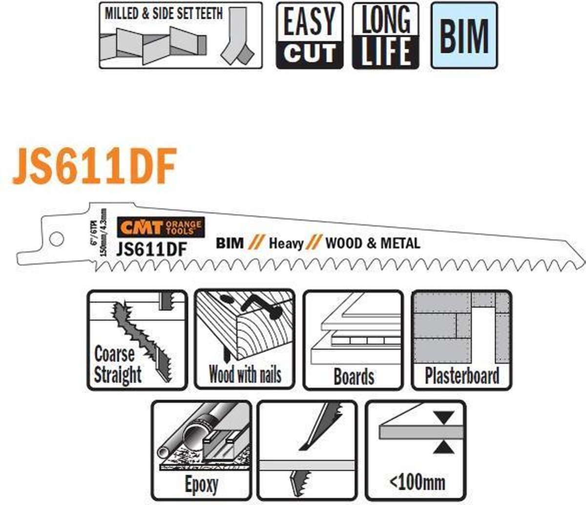 CMT JS611DF-5 Bi-metaal reciprozaagblad 150 x 1,25 mm. 6tpi (hout met spijkers, plaatmateriaal, gipsplaat, glasvezel/epoxy)