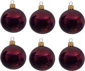 6x Donkerrode glazen kerstballen 6 cm - Glans/glanzende - Kerstboomversiering donkerrood