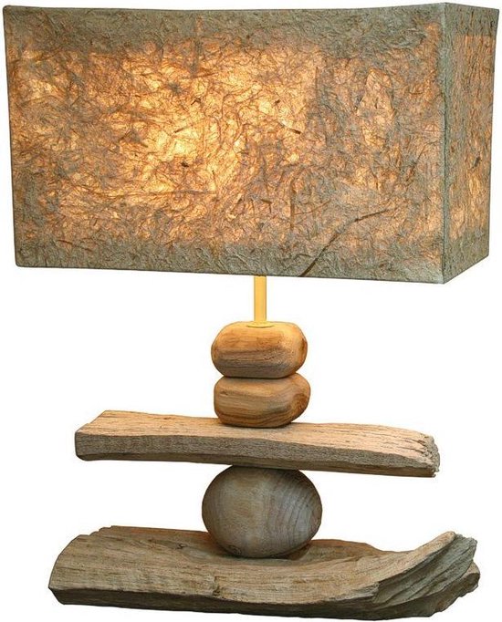 Landelijke houten lamp met houten lampenvoet Jordan Teak Tafellamp - Bruine  lampenkap | bol.com