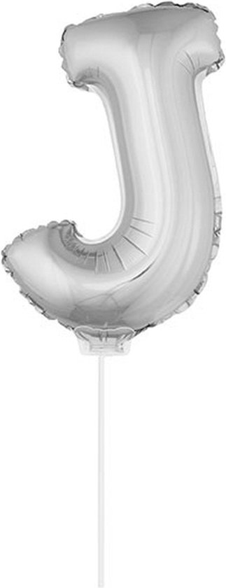 Zilveren opblaas letter ballon J op stokje 41 cm