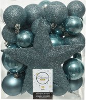 33x stuks kunststof kerstballen ijsblauw (blue dawn) inclusief ster piek - 5-6-8 cm - Onbreekbare plastic kerstballen