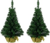 2x Groene kunst kerstbomen/kerstboompjes 90 cm met jute zak/kluit - Kerstversieringen/kerstdecoraties