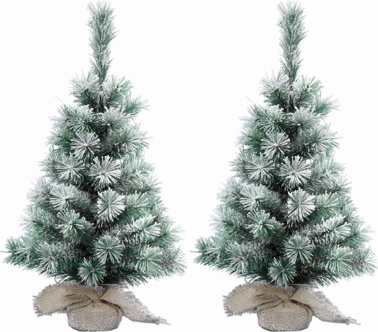 2x Stuks mini kerstboom met sneeuw 60 cm in jute zak - Mini kerstbomen