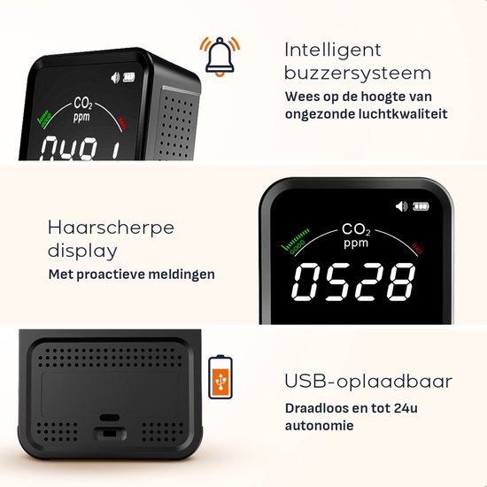 Nomestic Airsight CO2 meter - Air quality meter - With Hygrometer and thermometer - Portable & rechargeable - Self-calibrating NDIR sensor
