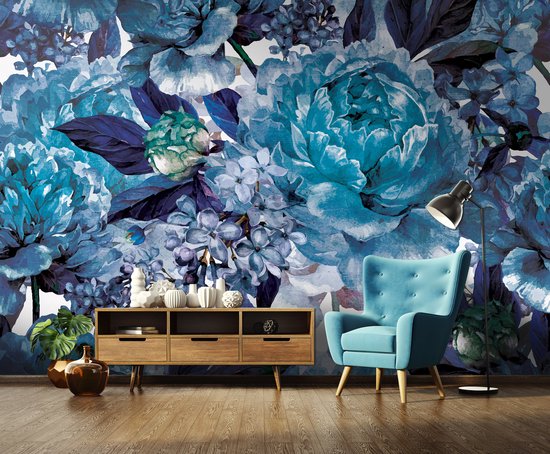 Fotobehang - Vlies Behang - Blauwe Pioenrozen - Azuur Bloemenkunst - 416 x  254 cm | bol.com