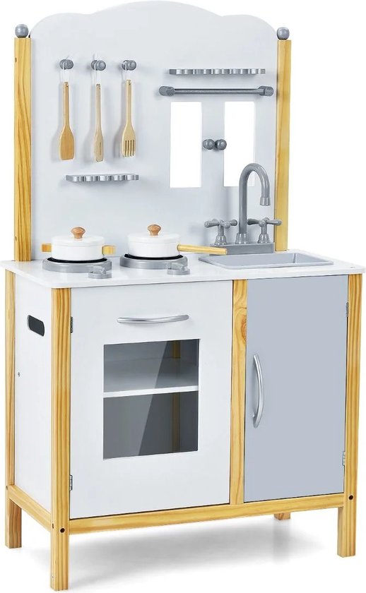 COSTWAY Kinderkeuken met licht en geluid, speelkeuken hout met oven magnetron telefoon waterdispenser, speelgoedkeuken incl. keukenaccessoires voor jongens en meisjes vanaf 3 jaar