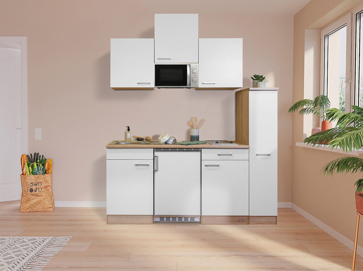 Goedkope keuken 180 cm - complete kleine keuken met apparatuur Luis - Eiken/Wit - elektrische kookplaat - koelkast - magnetron - mini keuken - compacte keuken - keukenblok met apparatuur