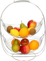 Dubbele etagere fruitschaal/fruitmand rond zilver metaal 34 x 25 x 46 cm - Fruitschalen/fruitmanden - Draadmand van metaal