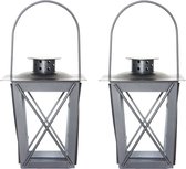 Set van 2x stuks zilveren tuin lantaarn/windlicht van ijzer 12 x 12 x 16 cm - Tuinverlichting - Kaarsenhouders - Lantaarns