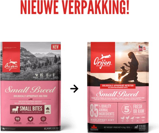 Nieuwe verpakking Orijen Small Breed Small Bites hondenvoer met afbeelding van bergen, naast nieuwe verpakking met vrouw en hond.