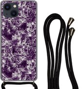 Hoesje met koord Geschikt voor iPhone 13 Mini - Marmer print - Paars - Zilver - Patronen - Siliconen - Crossbody - Backcover met Koord - Telefoonhoesje met koord - Hoesje met touw