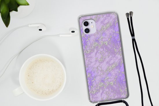 Coque avec cordon Adapté pour iPhone 12 Mini - Imprimé marbré - Violet - Luxe - Motif - Siliconen - Bandoulière - Coque arrière avec cordon - Coque téléphone avec cordon - Coque avec corde