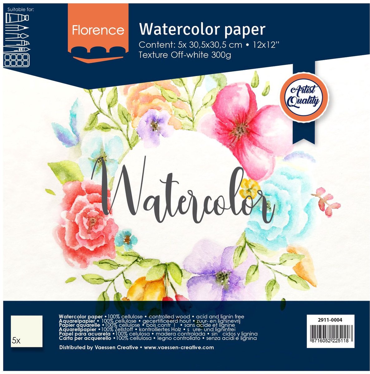 Aquarelpapier - Off White - 30,5x30,5cm - 300 grams - Lichte Structuur - Texture - Florence - 5 vellen