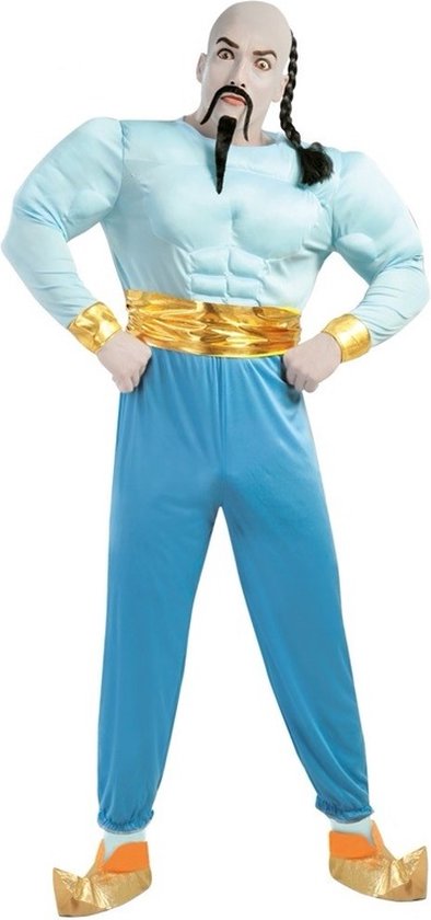Blauw spierkostuum met gouden ceintuur en manchetten, blauwe broek en gouden schoenen met oranje details.