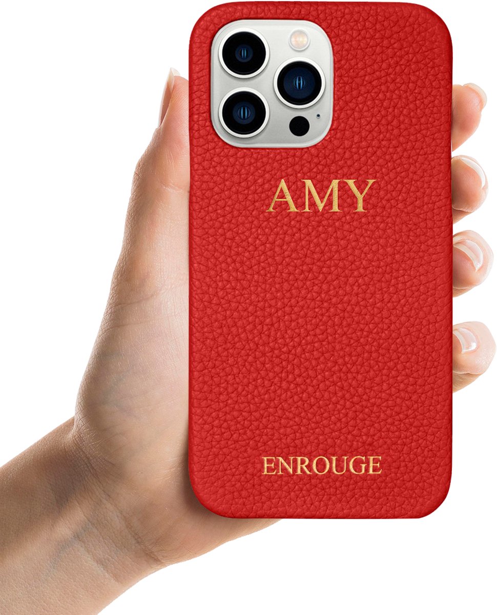 ENROUGE Iphone 13 Pro Case FLAME RED | Luxe Hoesje van Echt Leer | Gepersonaliseerd met Naam of Initialen | 100% Leder | Cadeautip Inclusief Geschenkverpakking