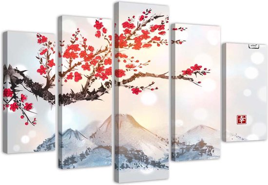 Trend24 - Canvas Schilderij - Cherry Blossom Country - Vijfluik - Landschappen - 100x70x2 cm - Rood
