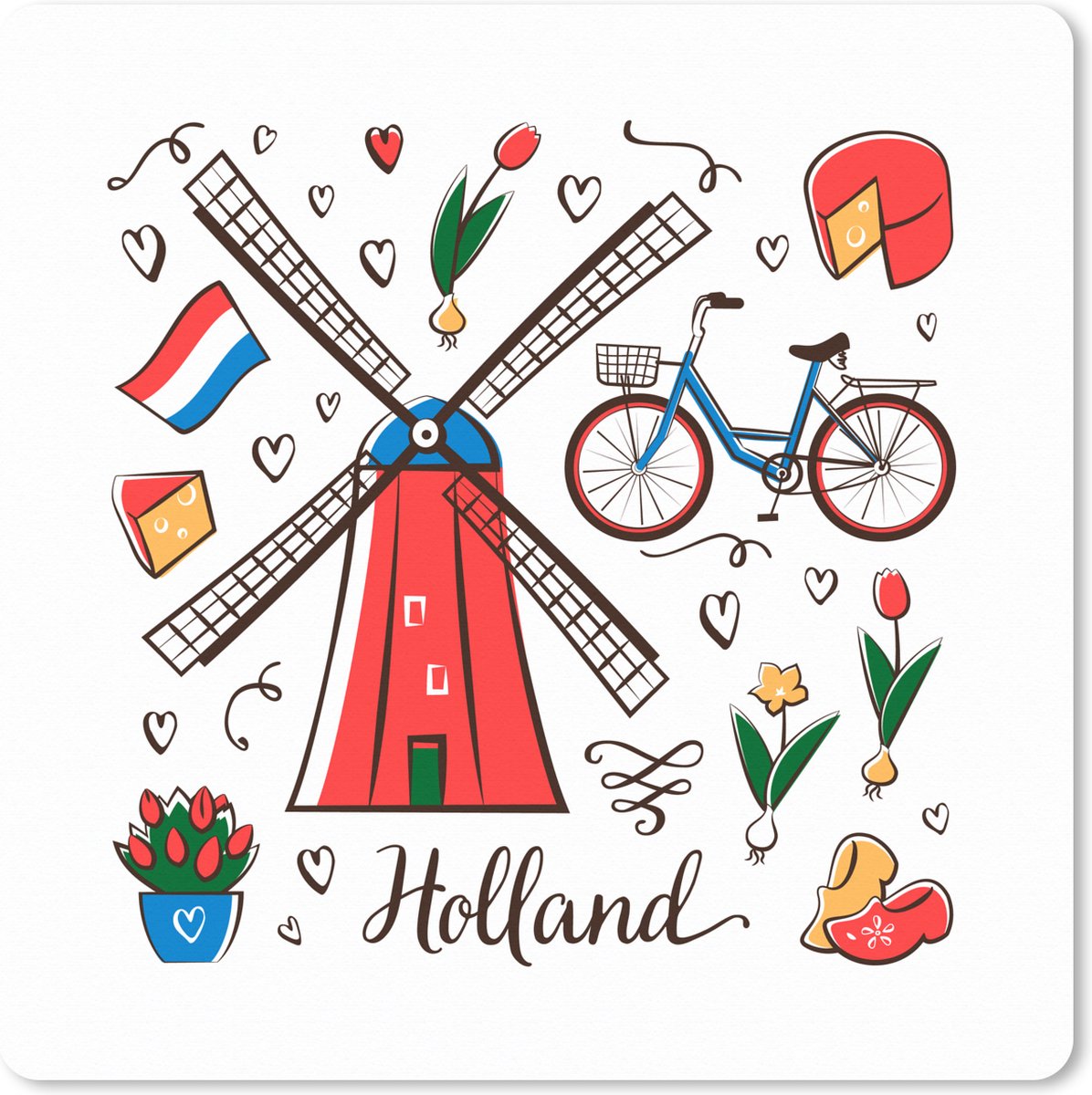 Muismat XXL 80x80 cm - Bureau onderlegger - Bureau mat Illustratie van symbolen uit Nederland - Bureaumat - Gaming mousepad xl - Bureaulegger groot - Computer deskmat