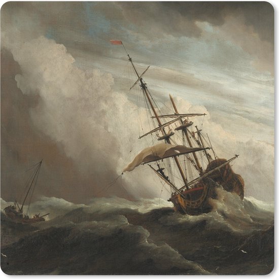 Foto: Muismat xxl bureau onderlegger bureau mat een schip in volle zee bij vliegende storm schilderij van willem van de velde 50x50 cm xxl muismat