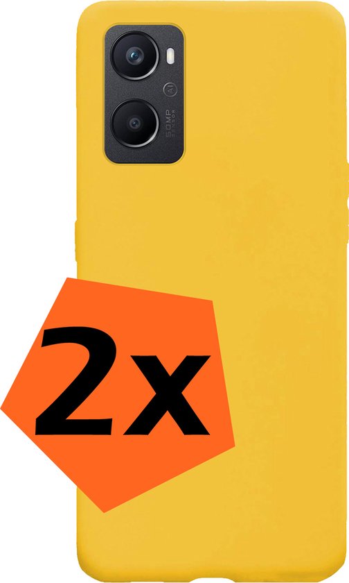 Coque de téléphone jaune avec double appareil photo arrière, avec un autocollant '2x'.