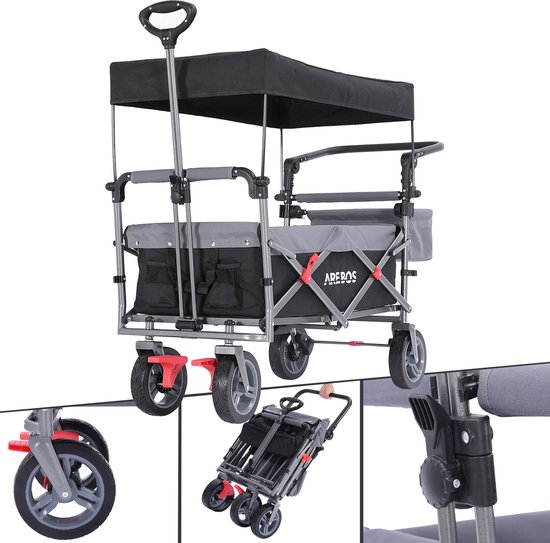 AREBOS Premium Bolderkar Opvouwbaar - Bolderkar Luchtbanden - 100 kg - met Dak Zwart / Grijs van AREBOS — afbeelding 2