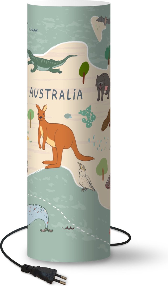 Lamp Wereldkaart met dieren - Kaart van Australië met dieren in groen lamp - 70 cm hoog - Ø22 cm - Inclusief LED lamp