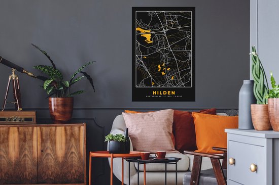 Muurstickers - Sticker Folie - Duitsland – Black and Gold – Hilden – Stadskaart – Kaart – Plattegrond - 60x90 cm - Plakfolie - Muurstickers Kinderkamer - Zelfklevend Behang - Zelfklevend behangpapier - Stickerfolie