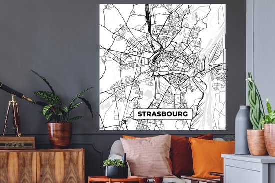 Stickers muraux - Plan de ville - Strasbourg - France - Plan - Plan d'étage - Zwart et blanc - 120x120 cm - Feuille adhésive XXL
