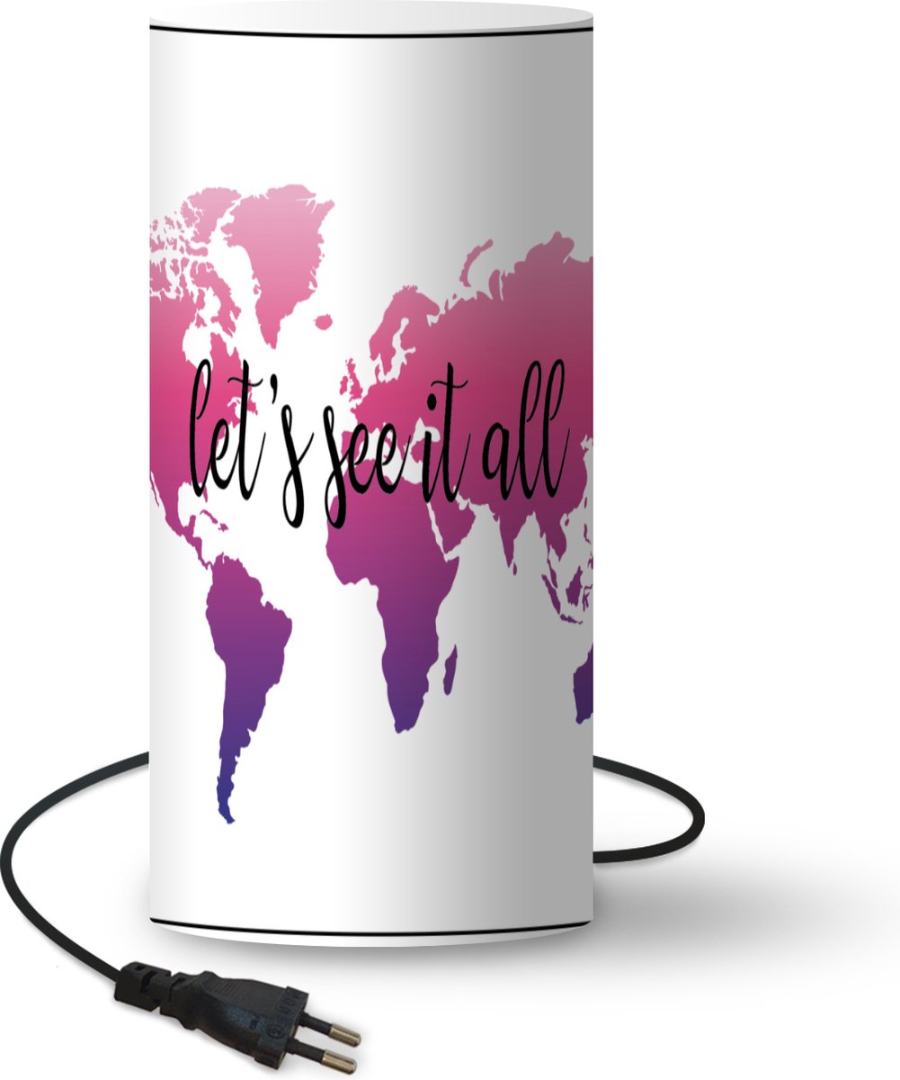Lamp - Nachtlampje - Tafellamp slaapkamer - Wereldkaart - Roze - Kompas - 54 cm hoog - Ø24.8 cm - Inclusief LED lamp