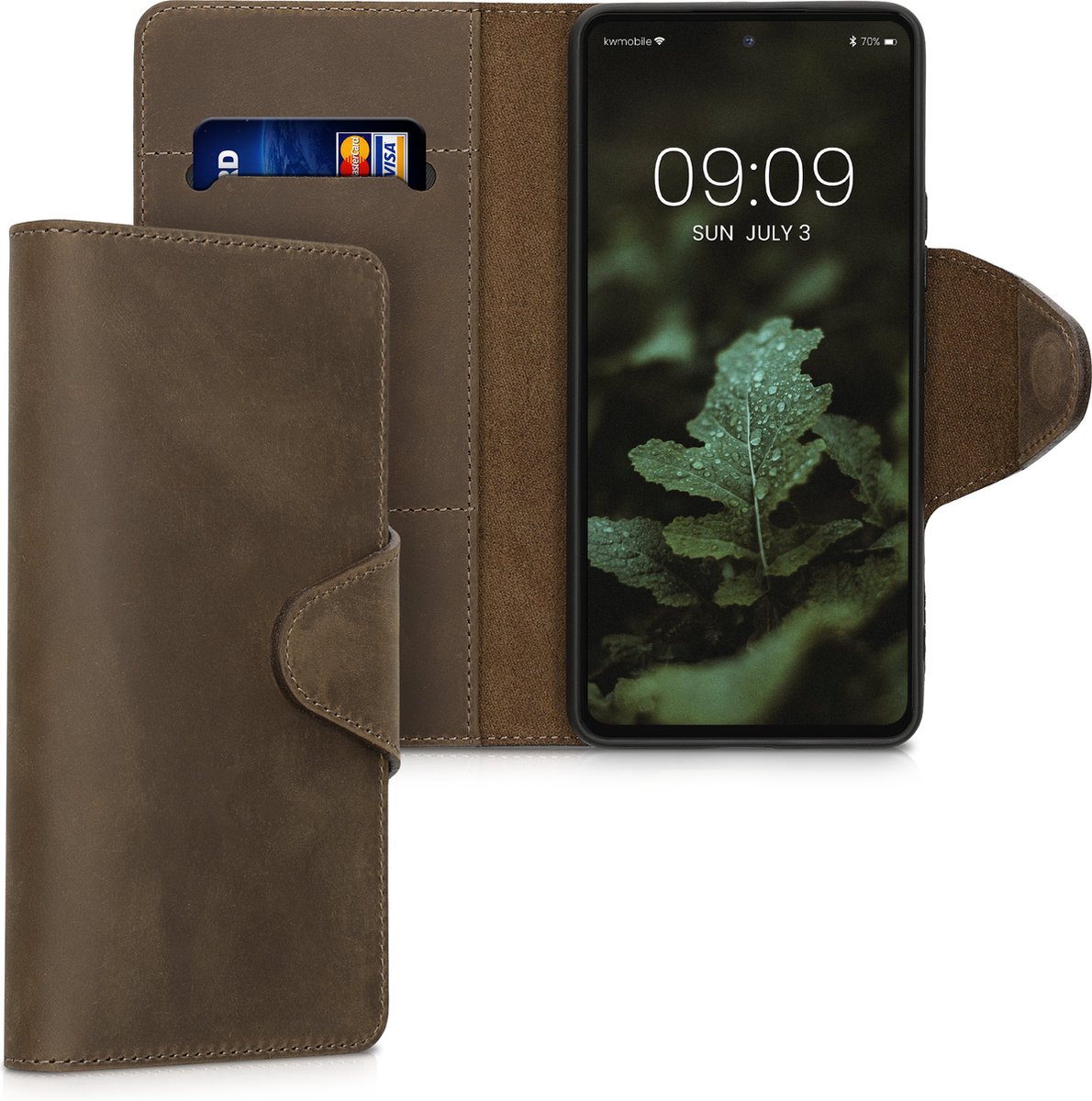 kalibri telefoonhoesje geschikt voor Samsung Galaxy A53 5G - Hoesje met pasjeshouder en standaard - bruin - Wallet case
