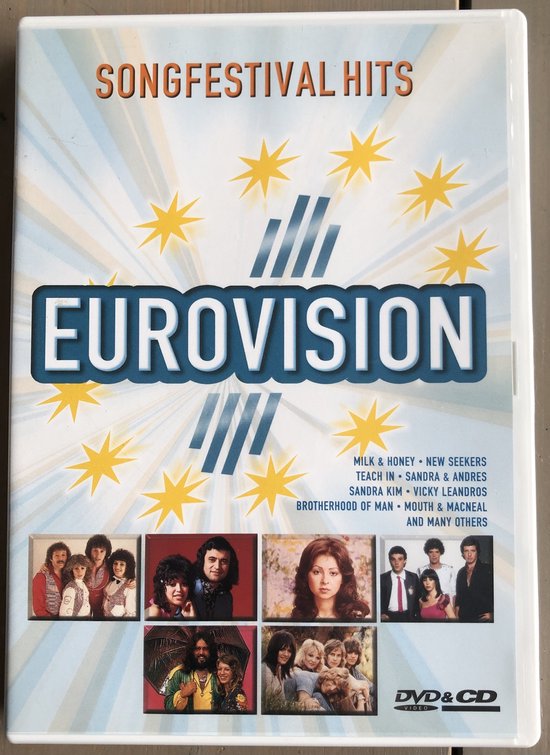 De cover toont "SONGFESTIVAL HITS EUROVISIE" met gele sterren en beelden van artiesten. Lijst van artiesten zoals Milk & Honey, New Seekers, Sandra & Andres.