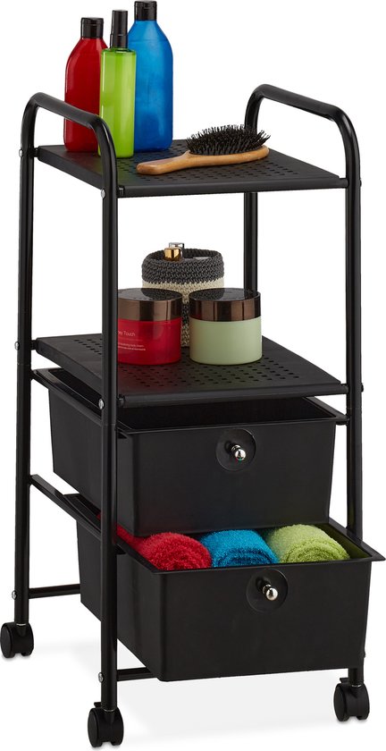 Foto: Relaxdays badkamer trolley 2 lades metaal kunststof opbergtrolley keuken 74 x 33 5 x 39 cm zwart zwart