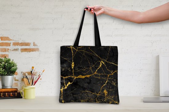 Sac bandoulière - Sac de plage - Shopper Marble - Zwart - Goud - Glitter - 40x40 cm - Sac en coton