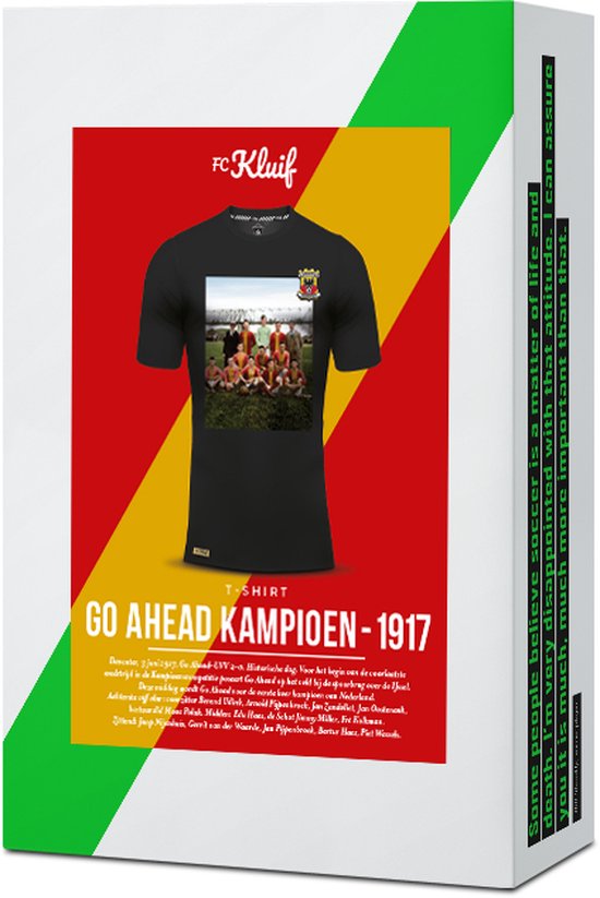 Zwarte t-shirt met de tekst 'Go Ahead Kampioen - 1917' en een afbeelding van een team.