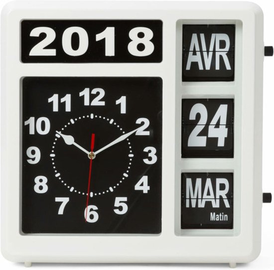 Perel Vierkante klok met flip-over kalender, ideaal voor slechtzienden en personen met Alzheimer of dementie, analoog, 31 x 31 cm, wit/zwart, Franse versie