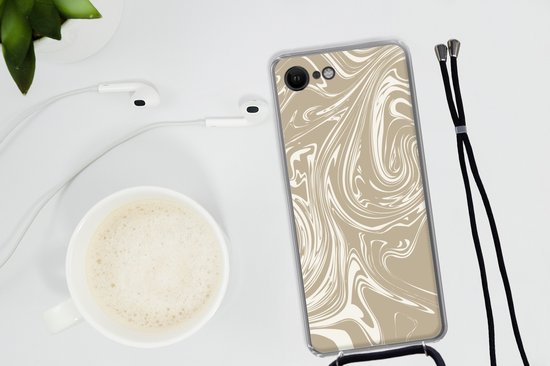 Cordon téléphonique - Chaîne téléphonique - Coque avec cordon iPhone SE 2020 - Marbre - Beige - Wit - Siliconen - Bandoulière - Coque pour téléphone avec cordon