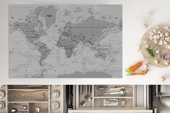 KitchenYeah® Inductie beschermer 81.2x52 cm - Abstracte wereldkaart met schaduwen - zwart wit - Kookplaataccessoires - Afdekplaat voor kookplaat - Inductiebeschermer - Inductiemat - Inductieplaat mat