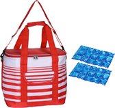 Koeltas draagtas schoudertas rood/wit gestreept met 2 stuks flexibele koelelementen 12 liter