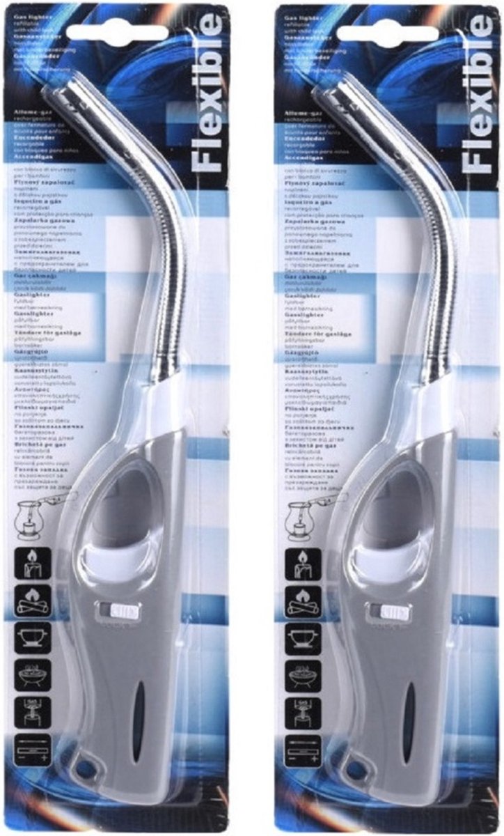 Goedkoopste 3x Flexibele gas/bbq/keuken aanstekers navulbaar - grijs/wit - 27 cm - Kinderslot - Flexibele hals