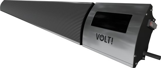 Lange zilverkleurige en zwarte VOLT! terrasverwarmer met metalen behuizing en display.