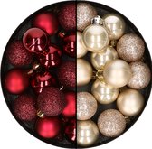 28x stuks kleine kunststof kerstballen donkerrood en champagne 3 cm - kerstversiering