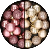 28x morceaux de petites boules de Noël en plastique champagne et vieux rose 3 cm - Décorations de Noël