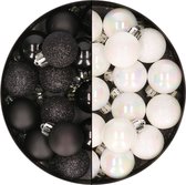 28x stuks kleine kunststof kerstballen zwart en parelmoer wit 3 cm - Kerstversiering