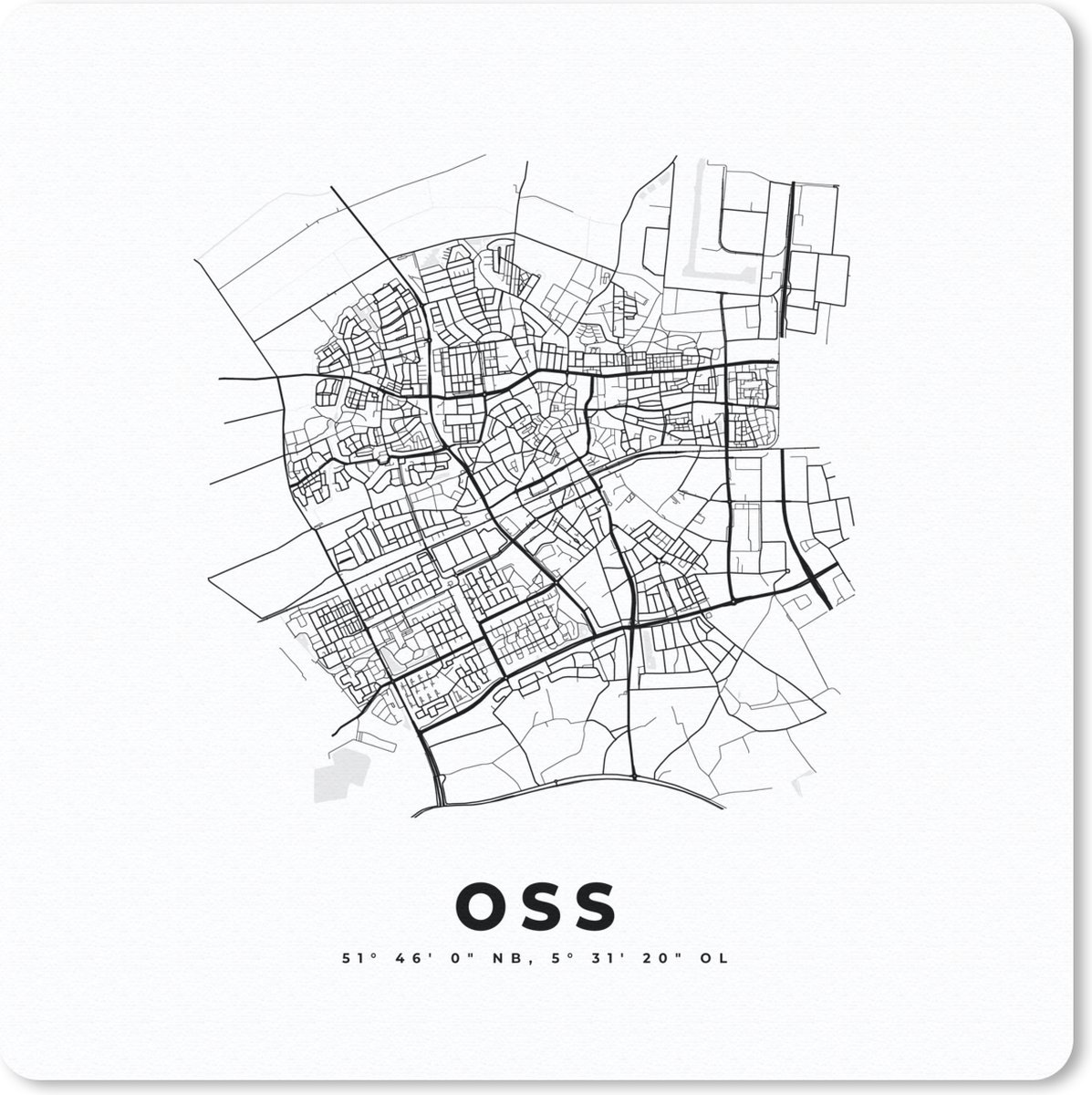Muismat 30x30 cm - Mousepad Plattegrond – Oss – Zwart Wit – Stadskaart - Kaart - Nederland - Muismatten - Stadskaart