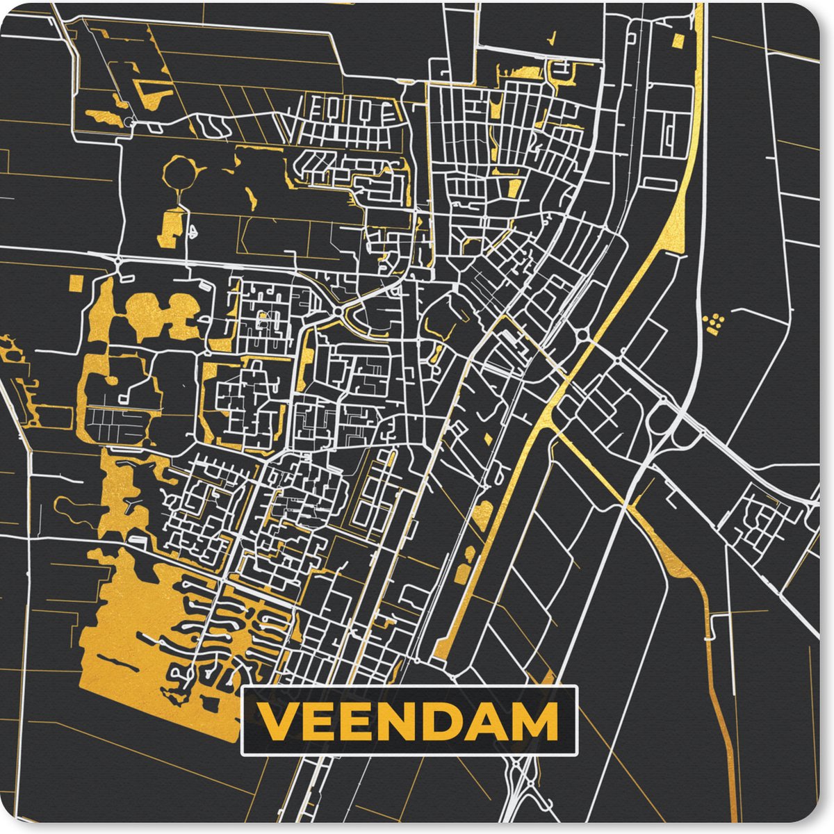 Muismat - Mousepad - Veendam - Kaart - Plattegrond - Stadskaart - Black and Gold - 30x30 cm - Muismatten