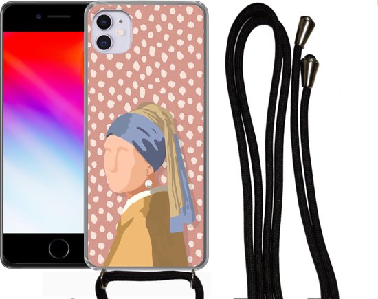Coque avec cordon iPhone 12 Mini - Old masters - Fille à la perle - Pois - Vintage - Siliconen - Bandoulière - Coque arrière avec cordon - Coque pour téléphone avec cordon - Coque avec corde