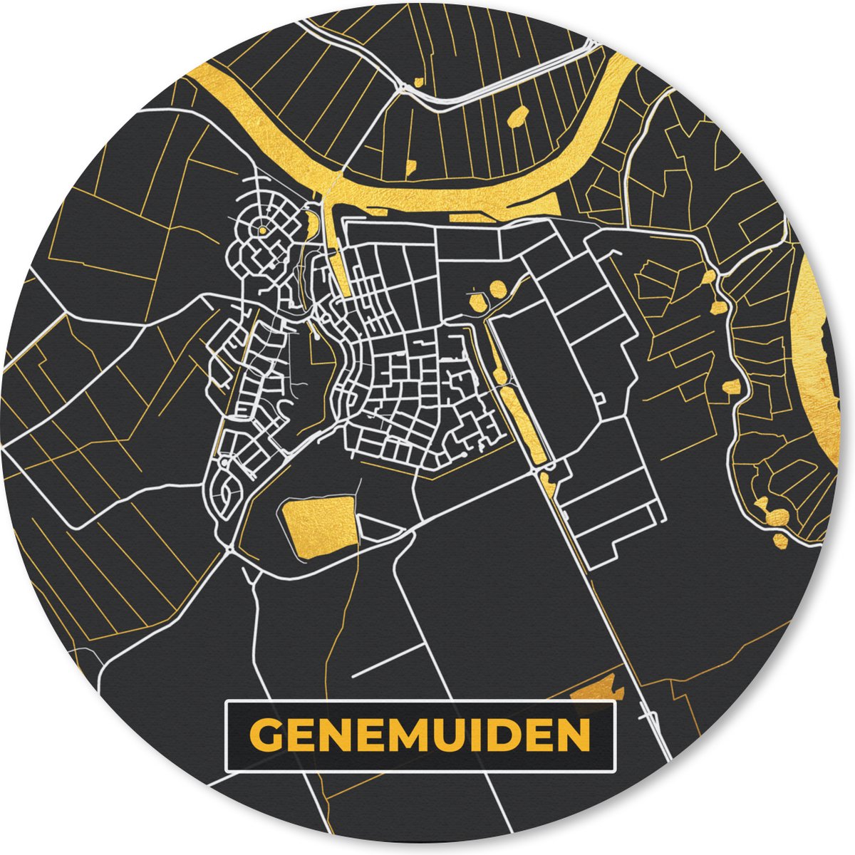 Muismat rond 50x50 cm - Mousepad Stadskaart - Genemuiden - Plattegrond - Goud - Kaart - Ronde muismatten - Stadskaart
