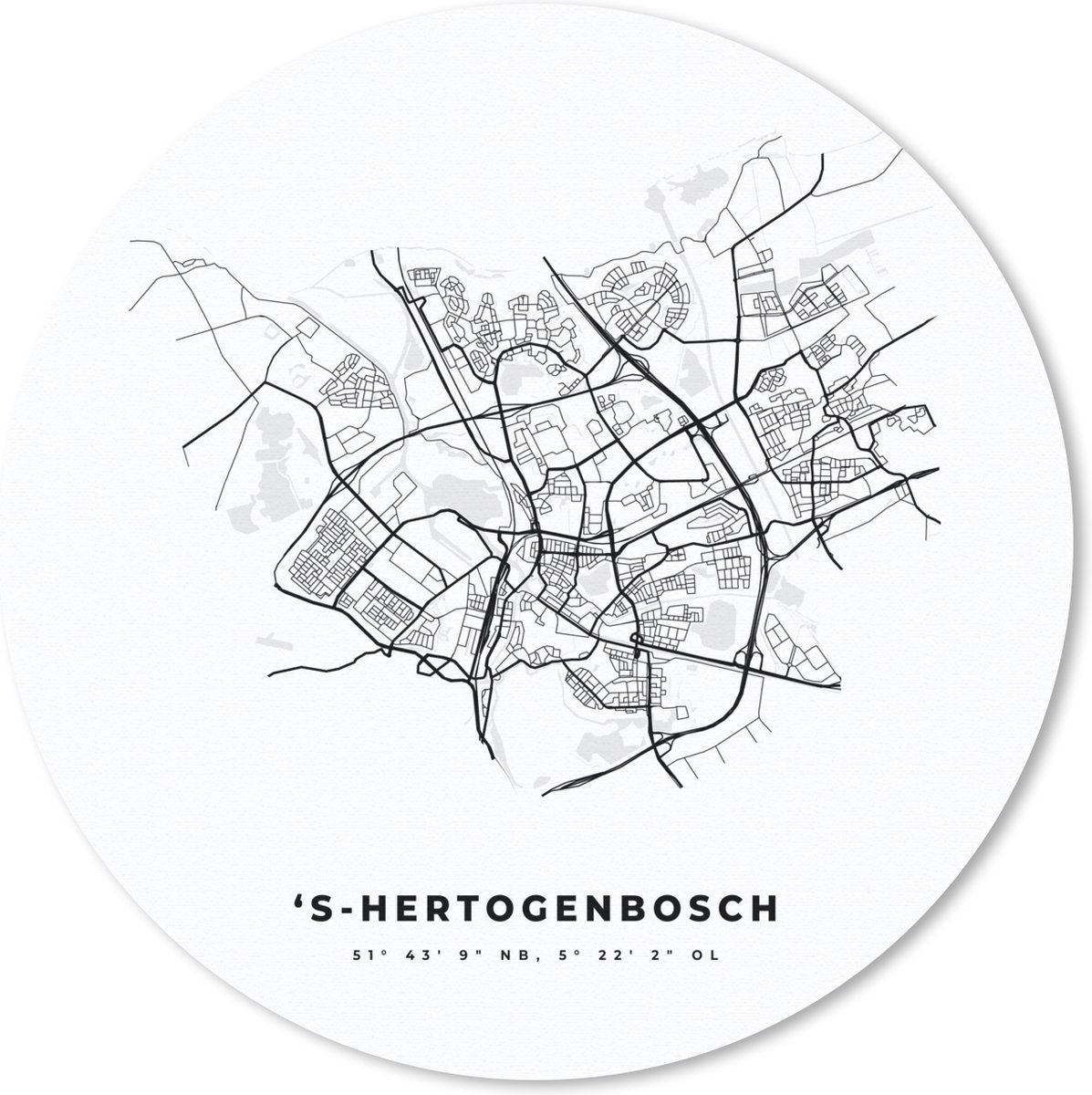 Muismat rond 40x40 cm - Mousepad Nederland – 'S Hertogenbosch – Stadskaart – Kaart – Zwart Wit – Plattegrond - Ronde muismatten - Stadskaart
