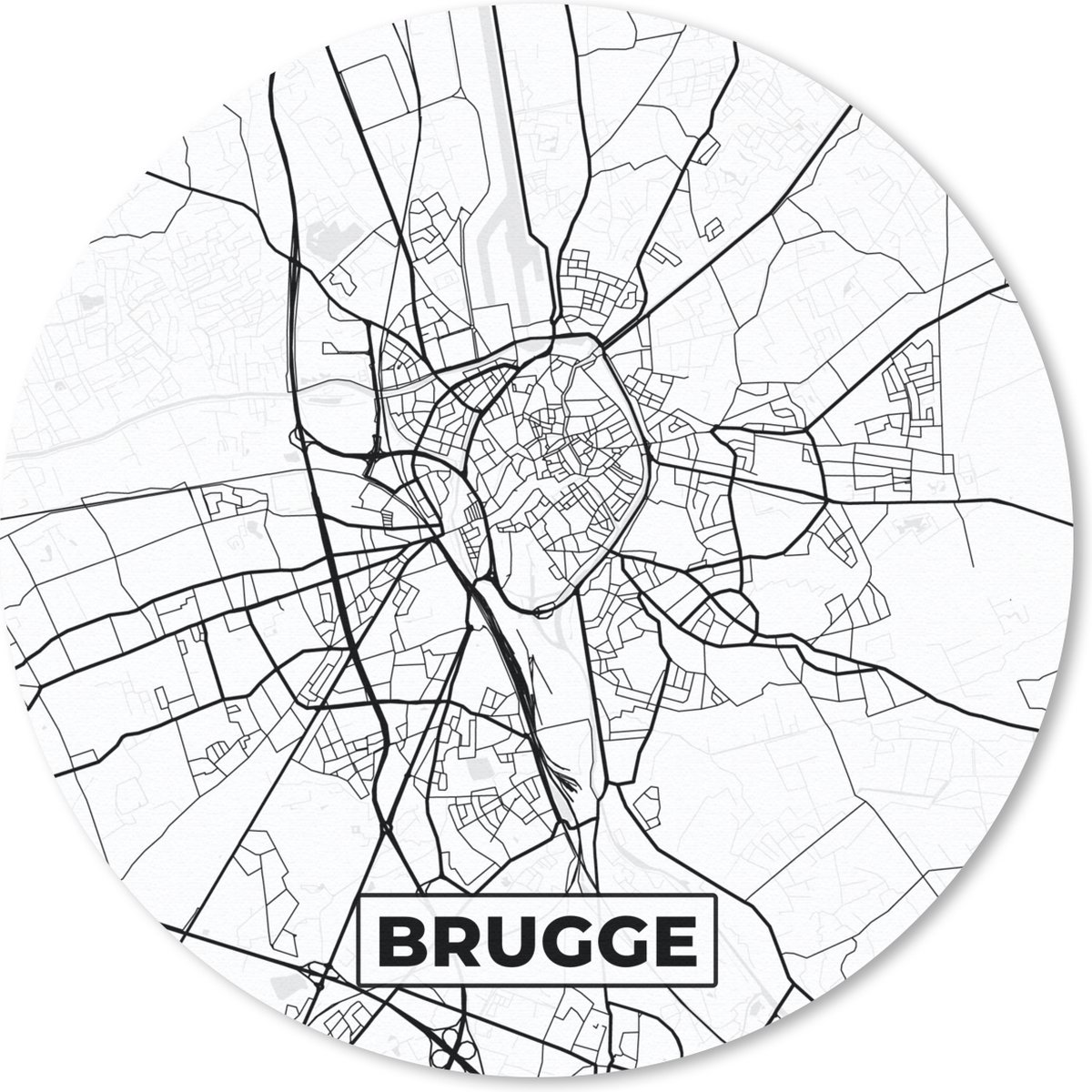 Muismat rond 40x40 cm - Mousepad Zwart Wit – België – Plattegrond – Stadskaart – Kaart – Brugge - Ronde muismatten - Stadskaart
